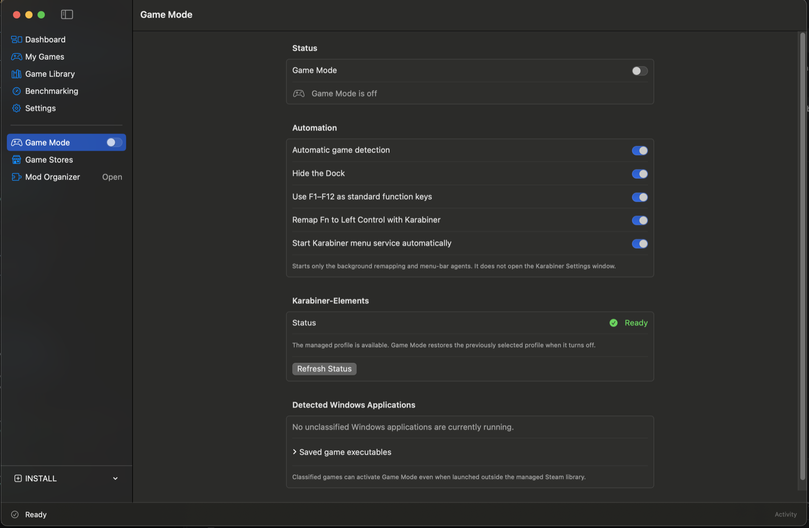 SkyMac Game Mode settings showing automatic detection, Dock hiding, function-key options, and Karabiner status.