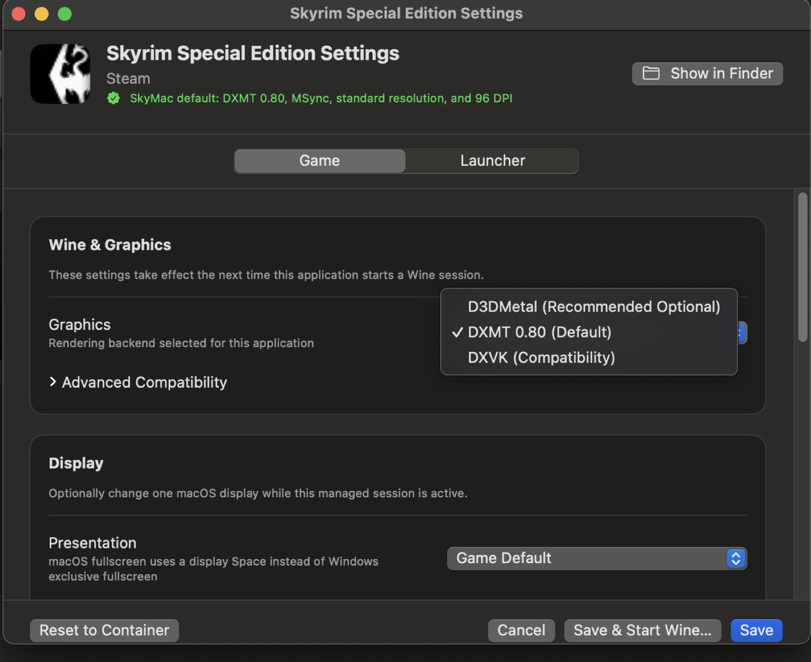 SkyMac game settings showing renderer, display, synchronization, and launcher compatibility controls.
