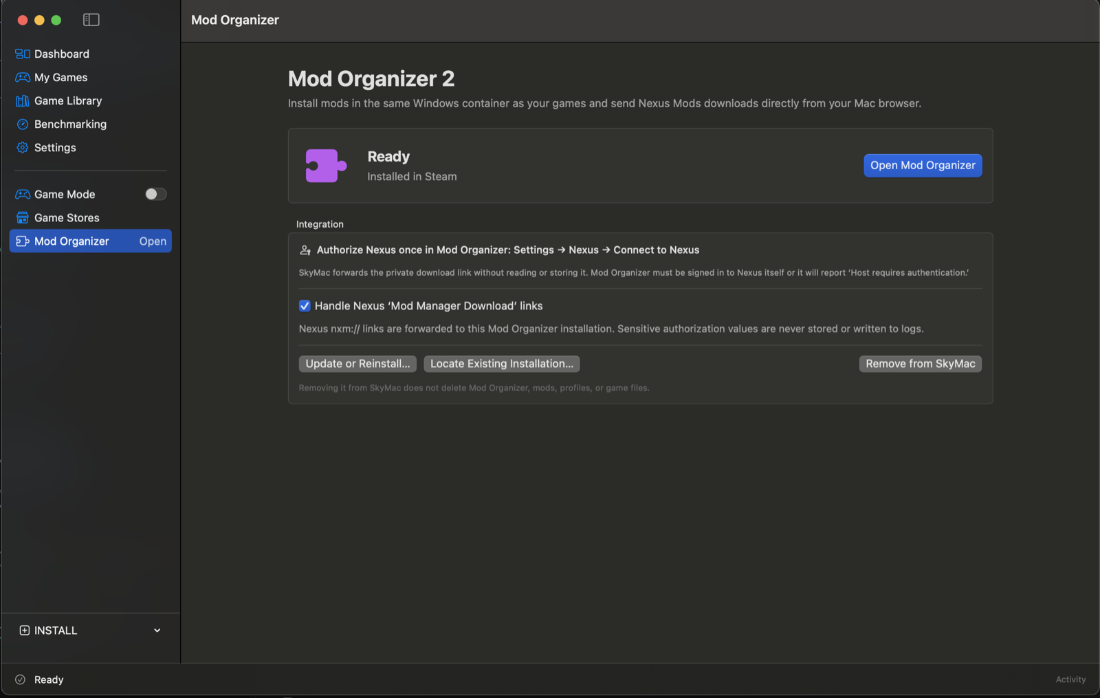 SkyMac Mod Organizer 2 integration with install, open, and Nexus link association controls.