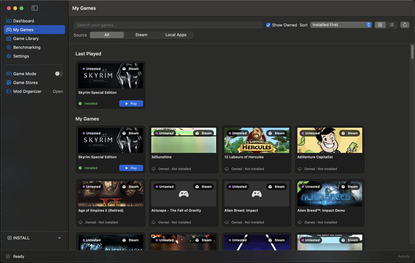 SkyMac My Games library showing installed games, local apps, compatibility badges, and Play controls.
